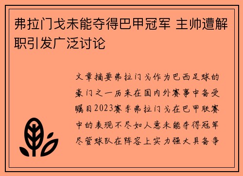 弗拉门戈未能夺得巴甲冠军 主帅遭解职引发广泛讨论