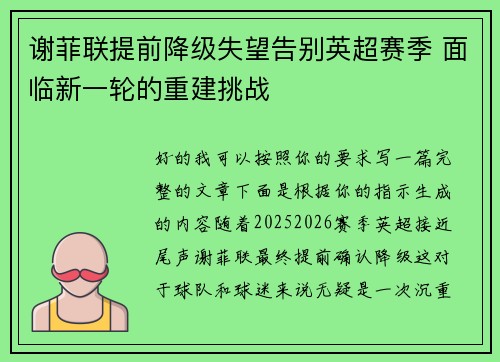 谢菲联提前降级失望告别英超赛季 面临新一轮的重建挑战 谢菲联提前降级失望告别英超赛季 面临新一轮的重建挑战